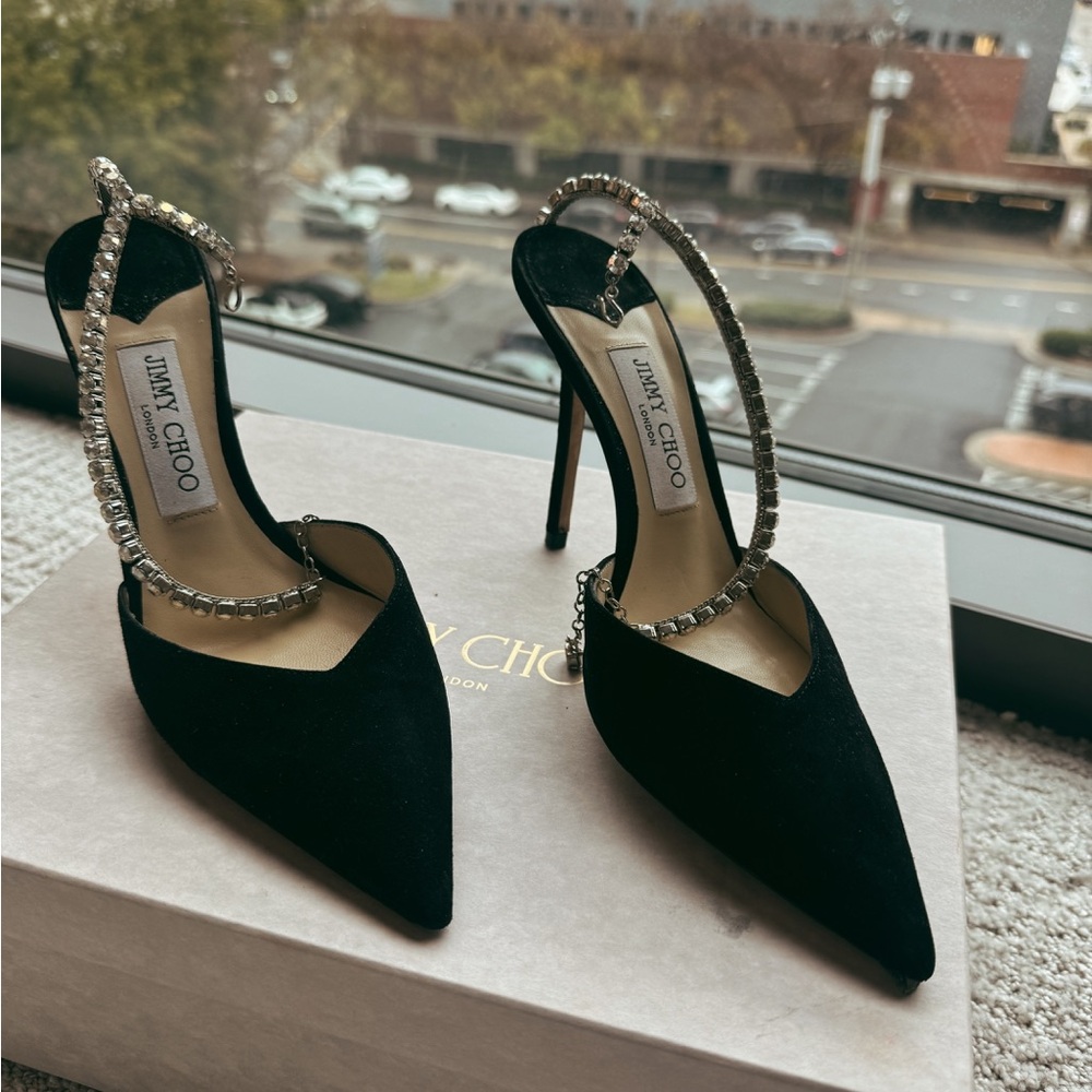 Jimmy Choo Saeda 100mm Black Heels with Crystal Straps